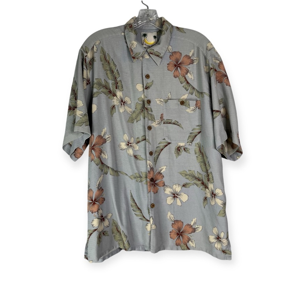 Banana Cabana Button Down Shirt Mens L Silk 90s Vintage Hawaiian Short Sleeve